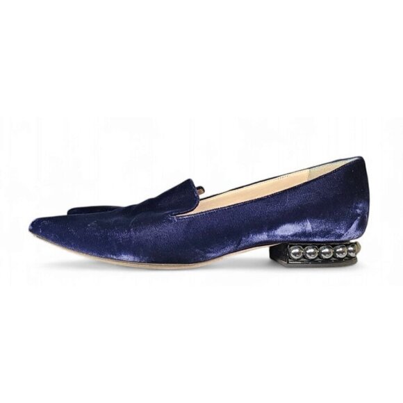 Nicholas Kirkwood velvet blue pointed toe faux pearls flats shoes EU39 US8.5 - Picture 7 of 11